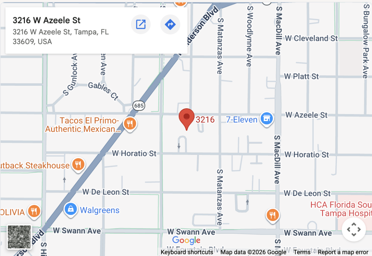 Sergay Dermatology location map, 3216 W Azeele St, Tampa, FL 33609 Map showing the location of Sergay Dermatology at 3216 W Azeele St, Tampa, FL 33609