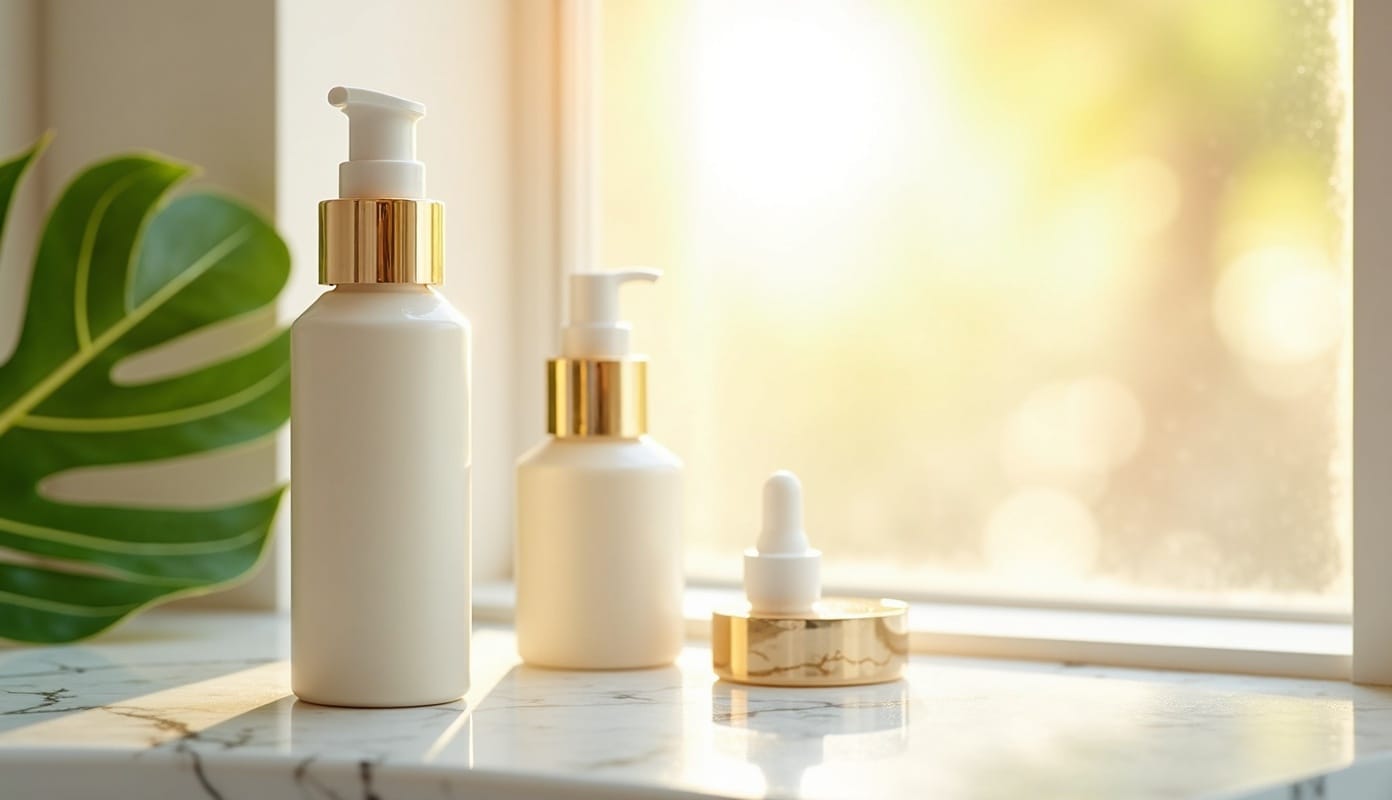 Skincare products on marble countertop with tropical palm leaf, Florida morning light